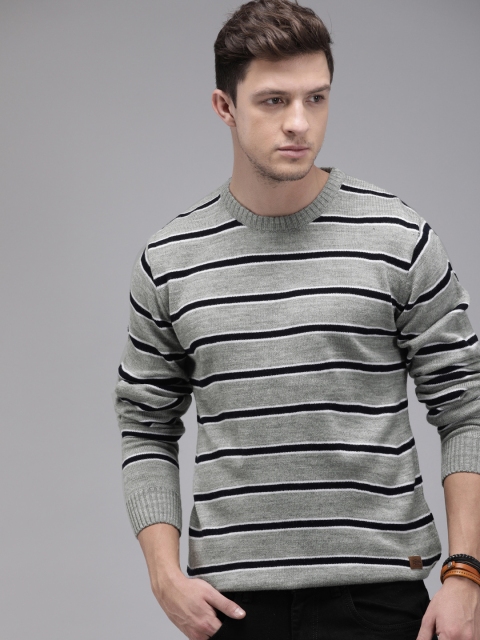 

Roadster Men Grey Melange & Navy Blue Striped Pullover Sweater