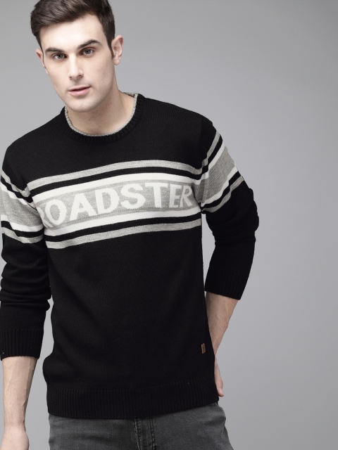 

Roadster Men Black & Grey Self Design Pullover Sweater