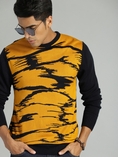 

Roadster Men Navy Blue & Mustard Self Design Sweater