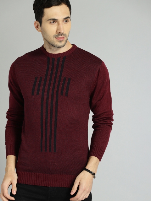 

Roadster Men Burgundy & Navy Blue Self Striped Sweater