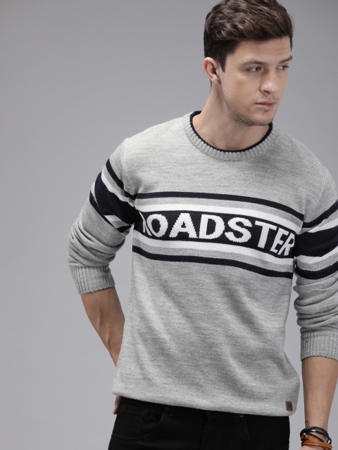 

Roadster Men Grey Self Design Pullover Sweater