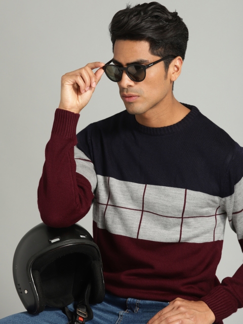 

Roadster Men Maroon & Navy Blue Colourblocked Sweater