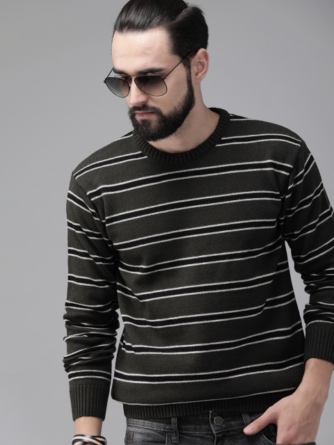 

Roadster Men Charcoal Grey & Black Striped Pullover Sweater