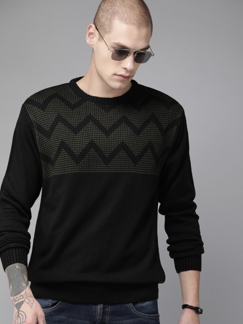 

Roadster Men Black & Olive Green Self Design Sweater