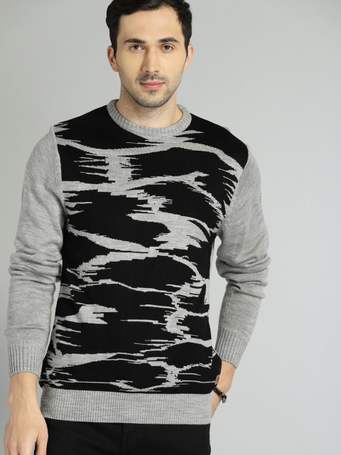 

Roadster Men Grey Melange & Black Self Design Sweater