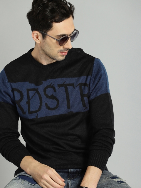 

Roadster Men Black & Navy Blue Self Design Acrylic Sweater