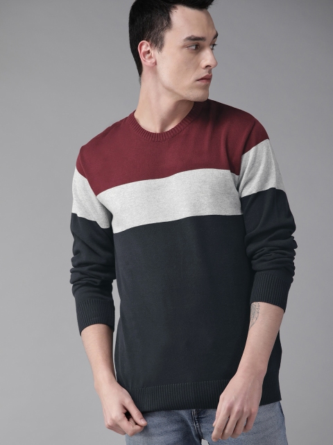 

Roadster Men Navy Blue & Maroon Colourblocked Pullover Sweater