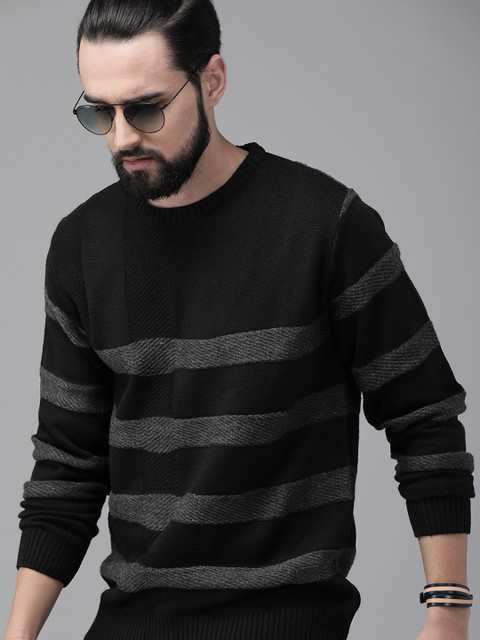 

Roadster Men Black & Charcoal Grey Striped Pullover Sweater
