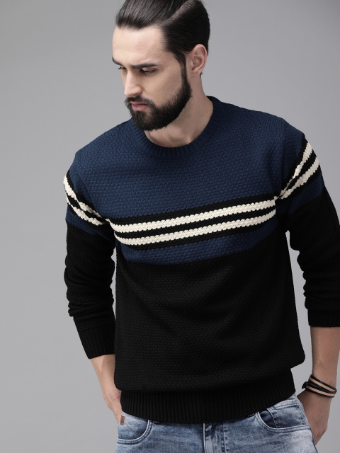 

Roadster Men Black & Navy Blue Colourblocked Pullover Sweater