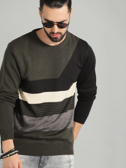 

Roadster Men Olive Green & Black Striped Sweater