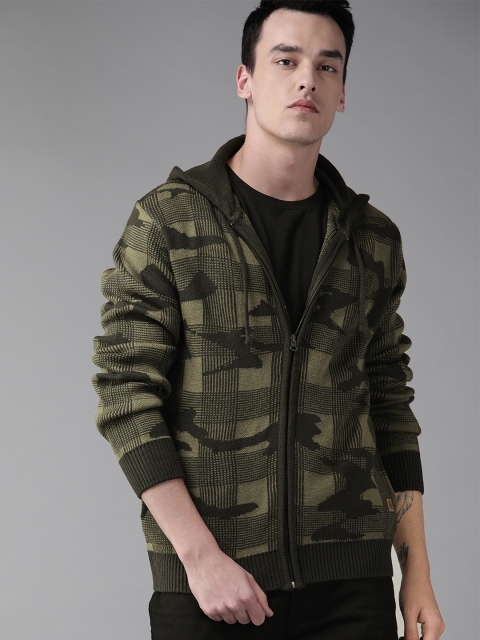 

Roadster Men Olive Green Self-Design Hooded Cardigan