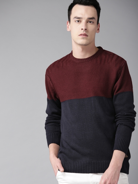

The Roadster Lifestyle Co Men Navy Blue & Maroon Colourblocked Sweater