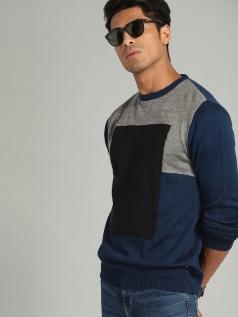 

Roadster Men Navy Blue & Grey Colourblocked Sweater