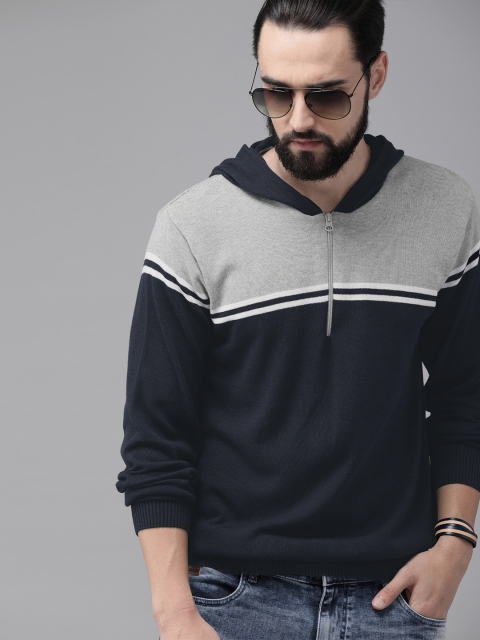 

Roadster Men Grey & Navy Blue Colourblocked Pullover Sweater