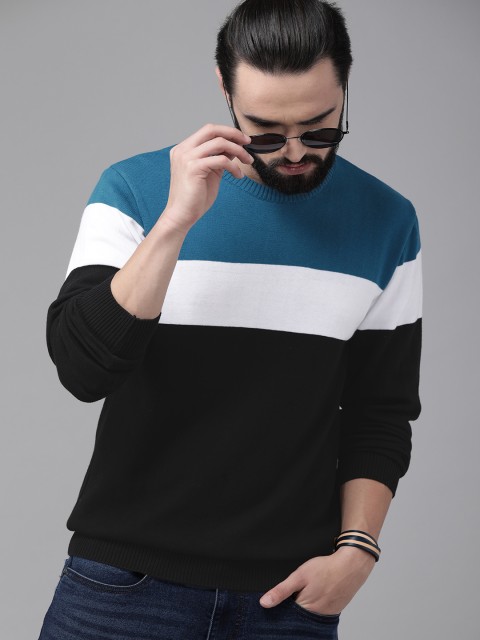 

Roadster Men Blue & Black Colourblocked Pullover Sweater