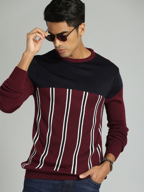 

Roadster Men Maroon & Navy Blue Striped Sweater