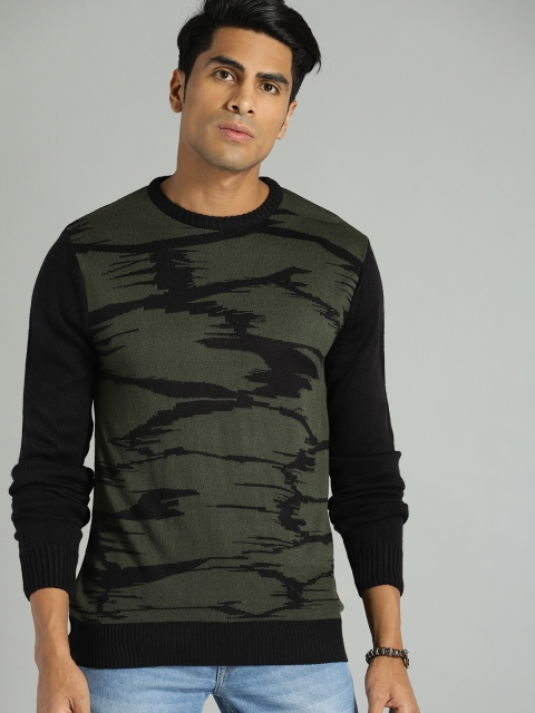 

Roadster Men Olive Green & Black Self Design Acrylic Sweater
