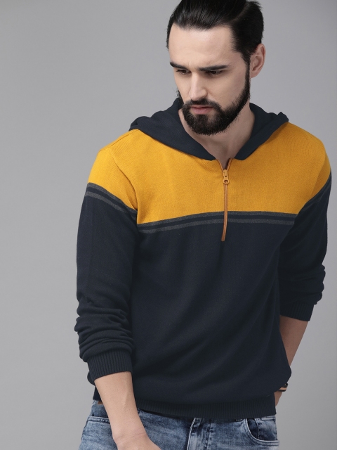 

Roadster Men Mustard Colourblocked Pullover Sweater