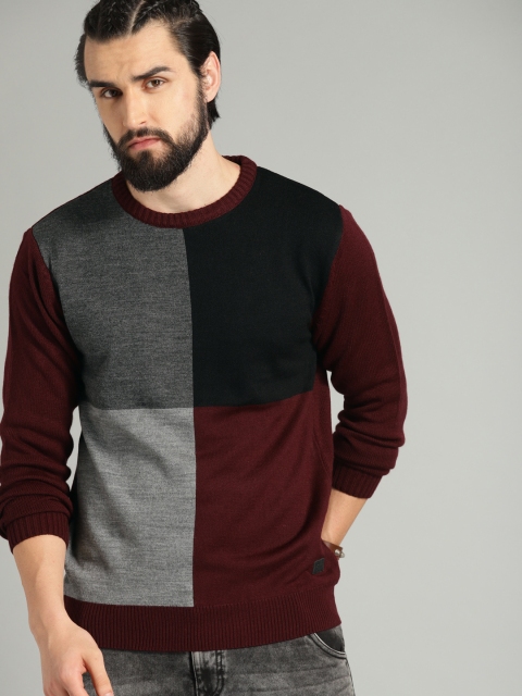 

Roadster Men Maroon & Black Colourblocked Sweater