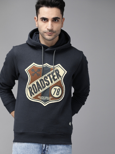 

Roadster Men Navy Blue Printed Hooded Sweatshirt