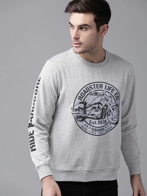 

Roadster Men Grey Melange & Black Printed Sweatshirt