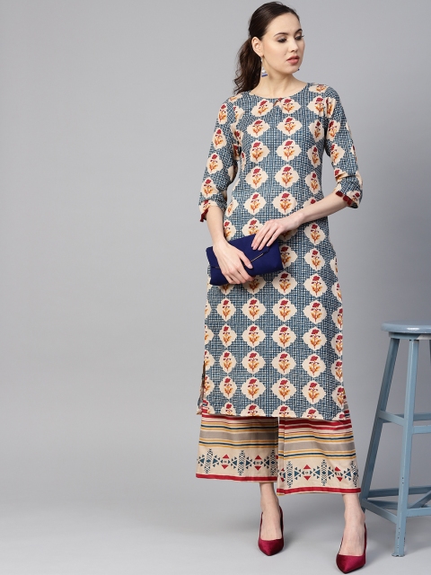 

Yuris Women Beige & Blue Printed Kurta with Palazzos