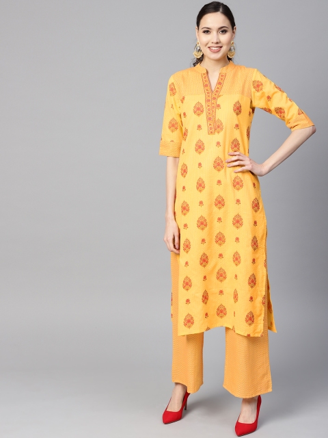 

Yuris Women Yellow & Orange Printed Straight Kurta