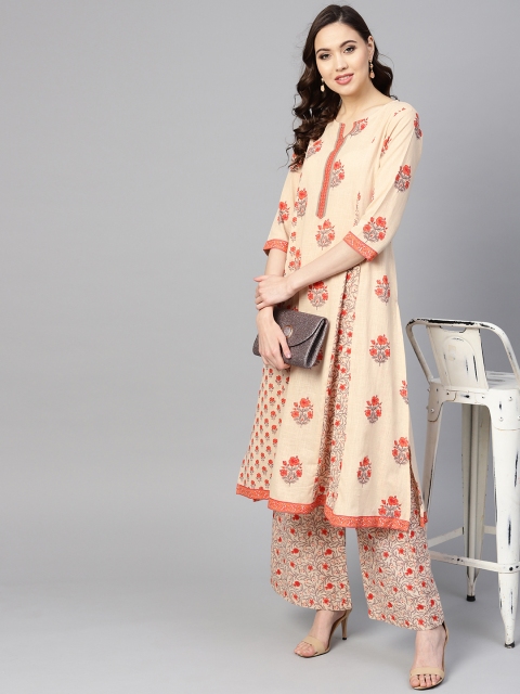 

Yuris Women Beige & Orange Printed A-Line Kurta