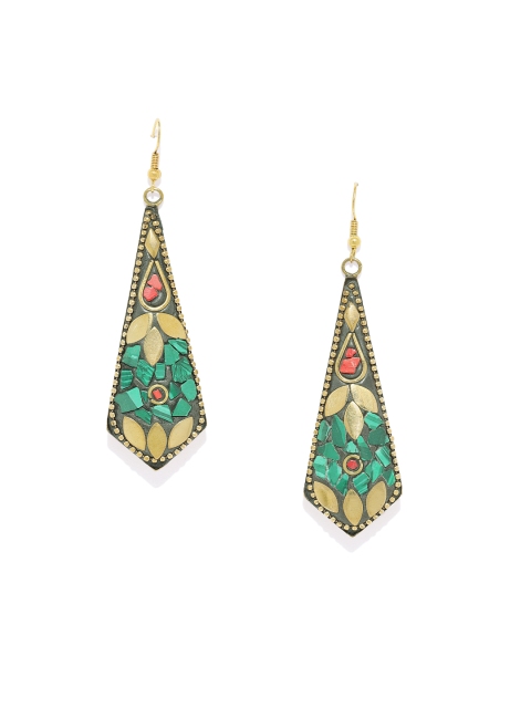 

Golden Peacock Gold-Plated & Green Geometric Drop Earrings