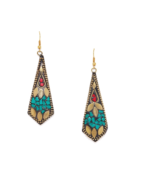 

Golden Peacock Gold-Plated & Green Afghani Geometric Drop Earrings