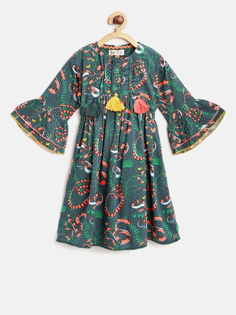 

Bella Moda Girls Green & Orange Printed Fit & Flare Dress