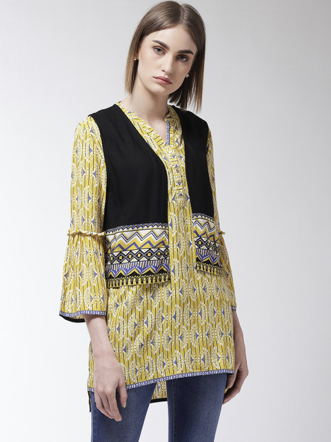 

Madame Women Mustard Yellow & Off-White Printed Top with Jacket