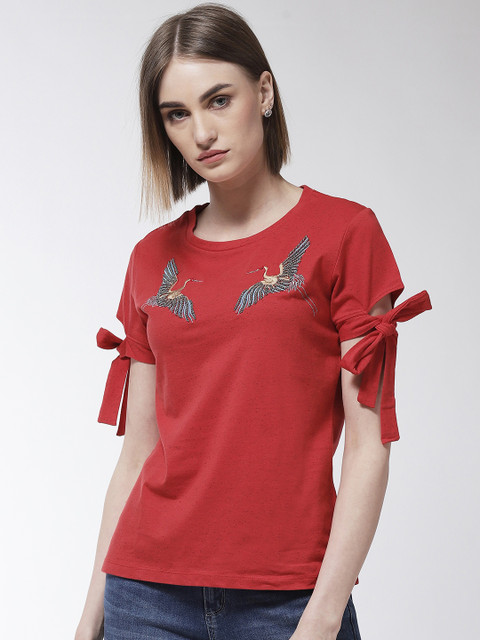 

Madame Women Red Embroidered Detail Top