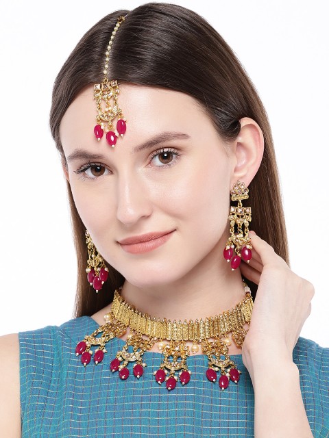 

Peora Women 18K Gold-Plated & Kundan Jewellery Set & Maang Tika, Red