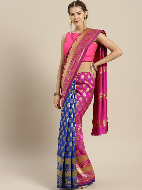 

Rajesh Silk Mills Pink & Blue Half & Half Woven Design Saree