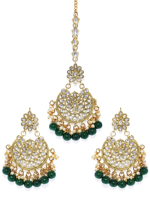 

Peora Women Gold-Plated Green & Gold-Toned Kundan Maang Tika & Earrings