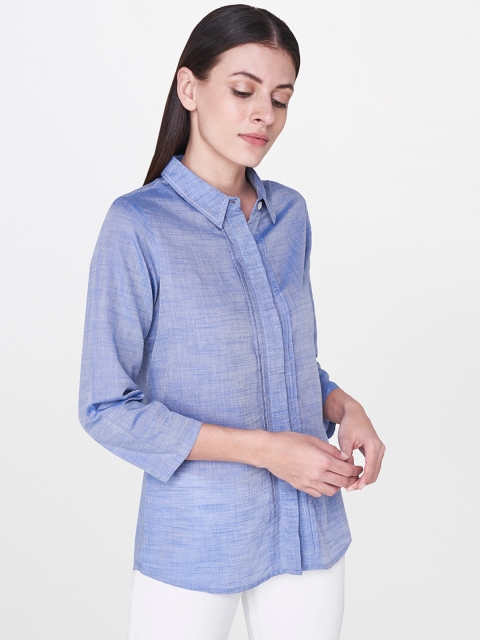 

AND Women Blue Regular Fit Solid Casual Shirt