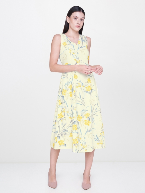 

AND Women Off-White Floral Printed Panelled Styled Back Linen A-Line Dress