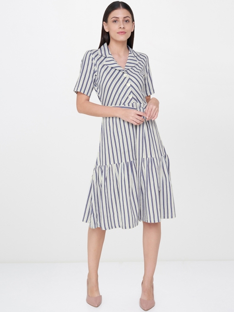 

AND Women White Striped Fit and Flare Dress