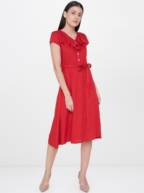 

AND Women Red Solid Fit and Flare Dress