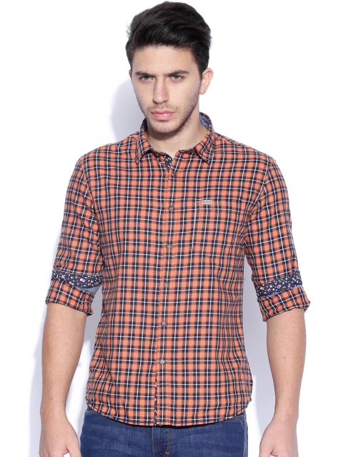 

Flying Machine Orange & Blue Checked Casual Shirt