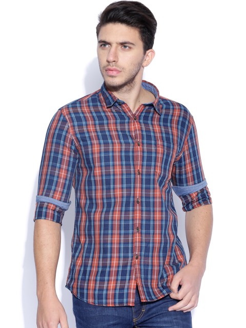 

Flying Machine Blue & Orange Checked Casual Shirt