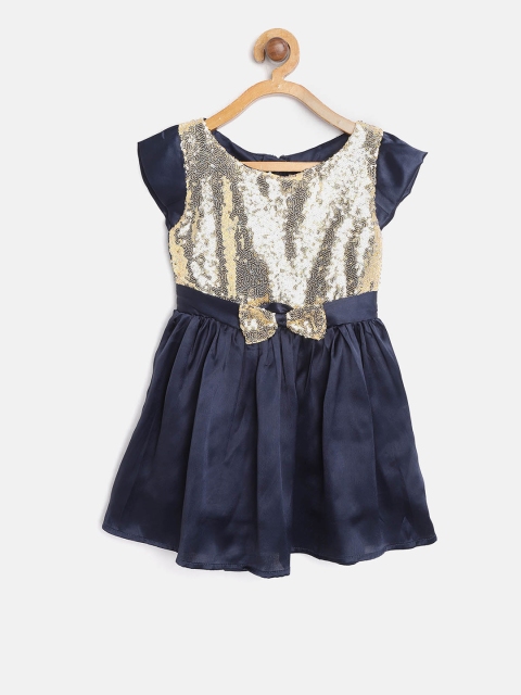 

Palm Tree Girls Navy Blue & Golden Sequinned Fit and Flare Dress