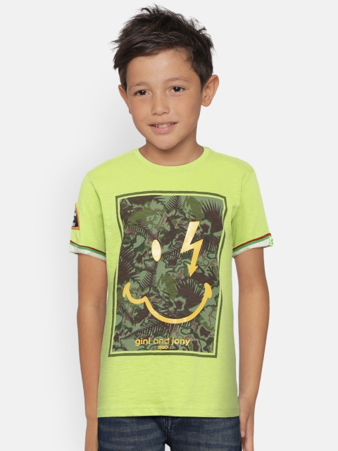 

Gini and Jony Boys Lime Green & Burgundy Printed Round Neck T-shirt