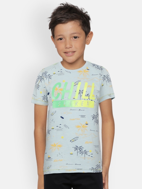 

Palm Tree Boys Blue Green Printed Round Neck Pure Cotton T-shirt