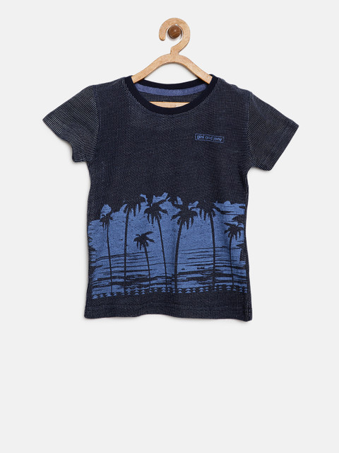 

Gini and Jony Boys Navy Blue Self Design Round Neck T-shirt