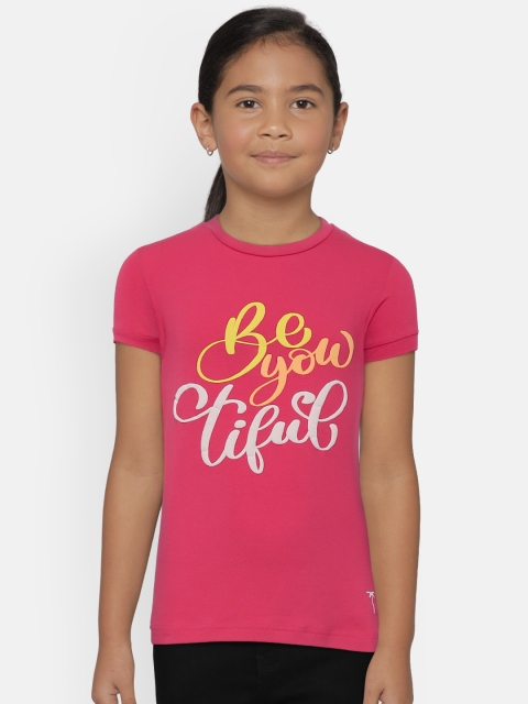 

Palm Tree Girls Fuchsia & White Printed Round Neck High-Low T-shirt