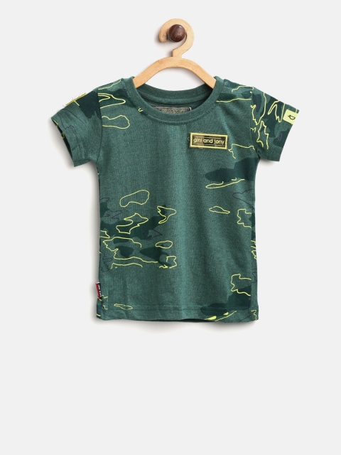 

Gini and Jony Boys Green Yellow Printed Round Neck Pure Cotton T-shirt