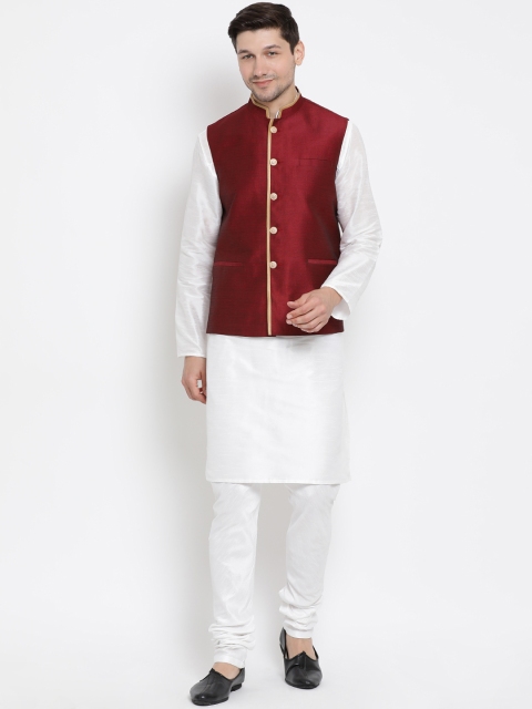 

VASTRAMAY Men White Self Design Kurta with Churidar & Jacket