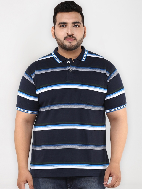 

John Pride Plus Size Men Navy Blue Striped Polo Collar T-shirt